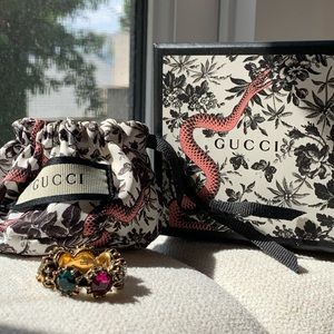 Gucci Crystal Embellished Ring with Lion Head